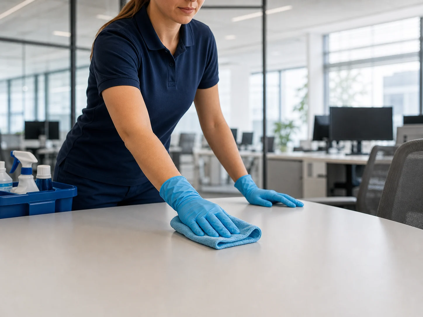 Reinigungskraft säubert einen Bürotisch mit Mikrofasertuch.
