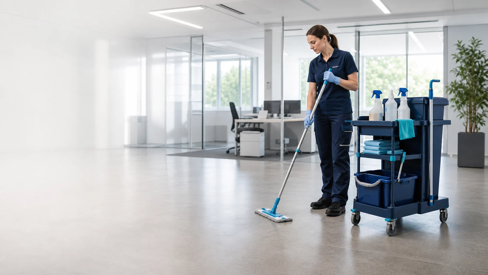 Professionelle Bodenreinigung mit Reinigungswagen in einem hellen Büro.