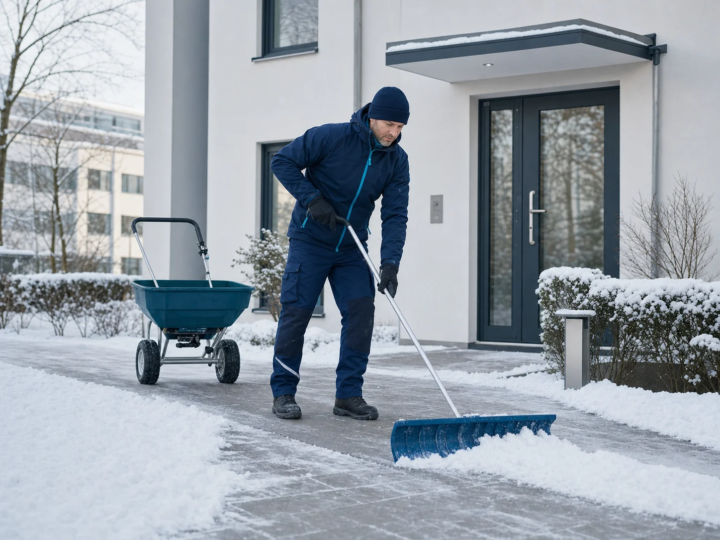 Winterdienst räumt Schnee vor einem Gebäudeeingang.